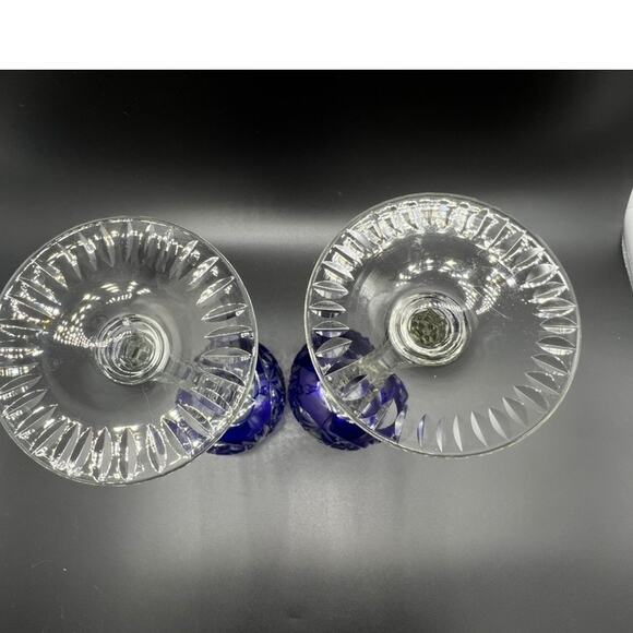 VTG 2 Piece Set of Bohemian Cut to Clear Blue Tall Round Wine Glasses Goblets - Picture 4 of 6